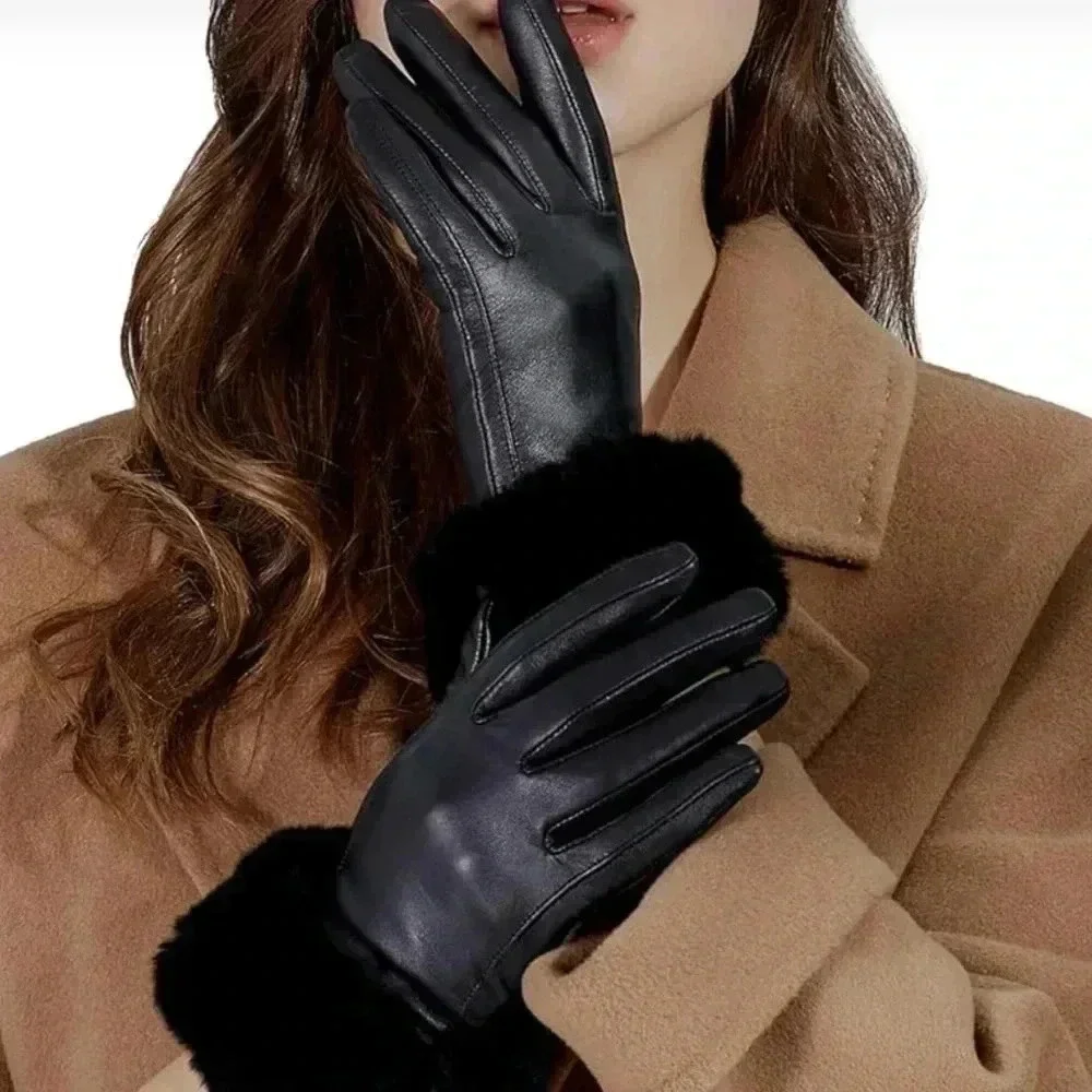 Women’s Black Leather Gloves with Black Rabbit Fur at Wrists Thermal Insulation